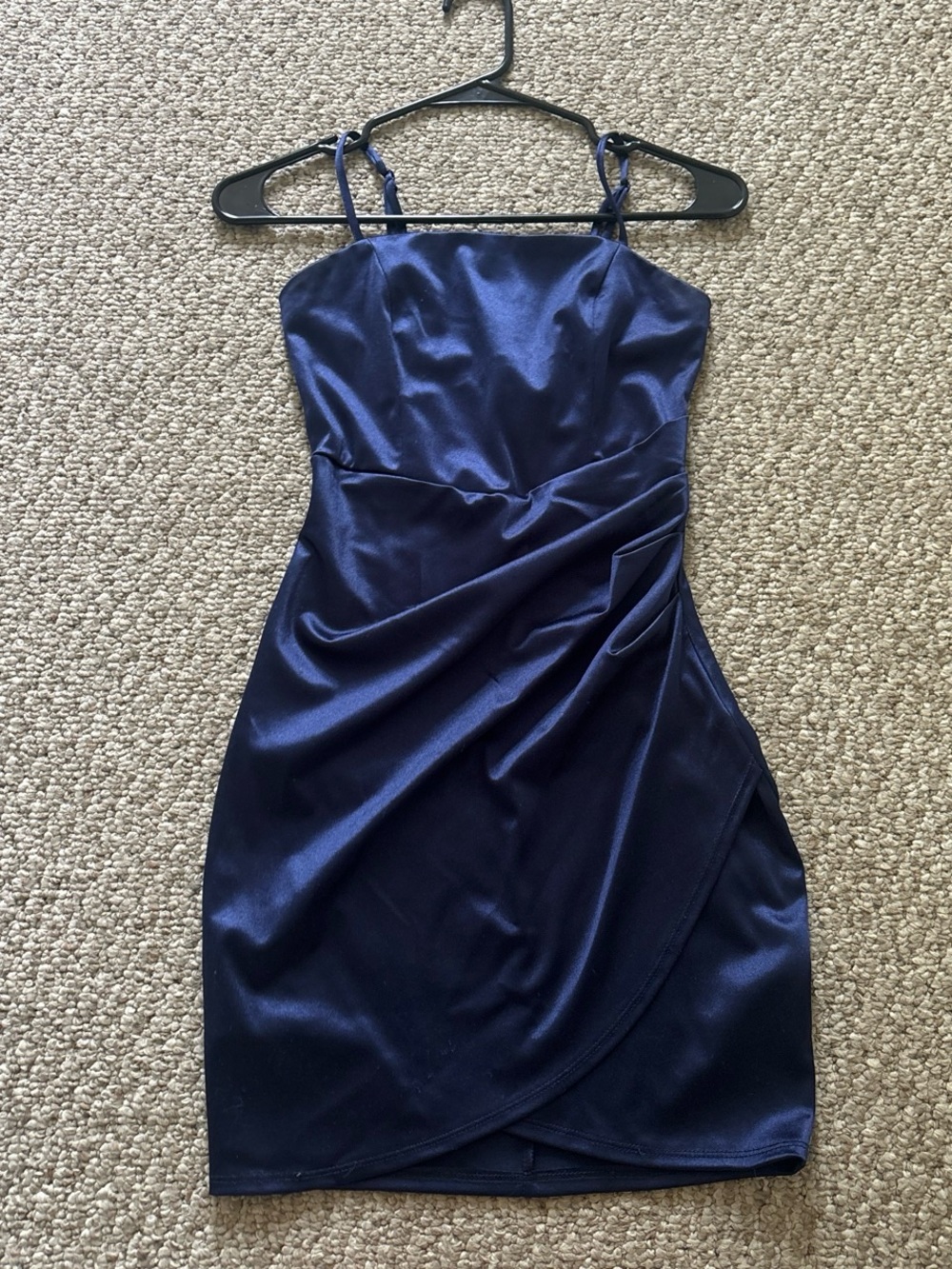Emerald Sundae Navy Satin Mini Dress with Ruched Draping